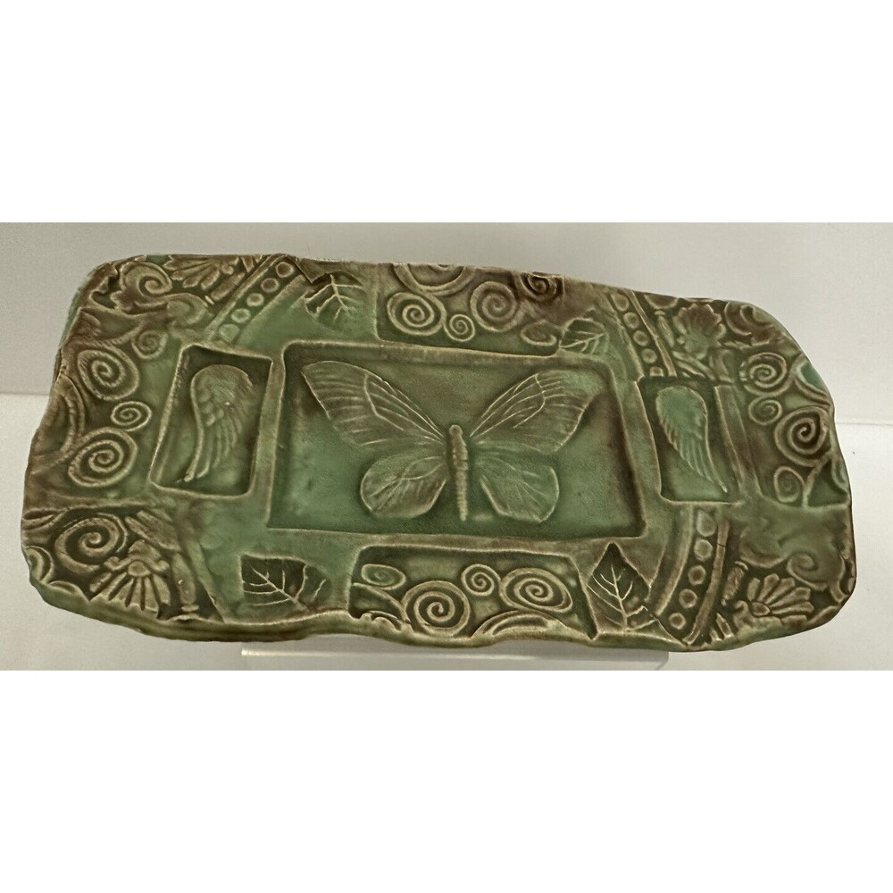 Island Girl Pottery Pressed Art Pottery Trinket Dish Plate Butterfly Green Signe